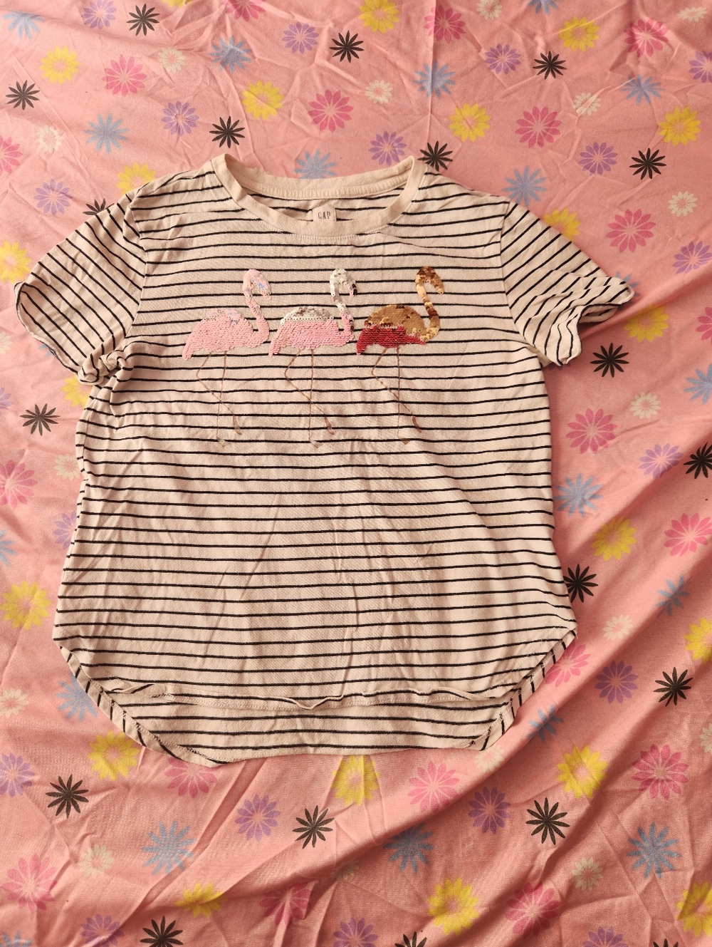 GAP White Black Striped Tee with Pink & Gold Sequin Flamingos